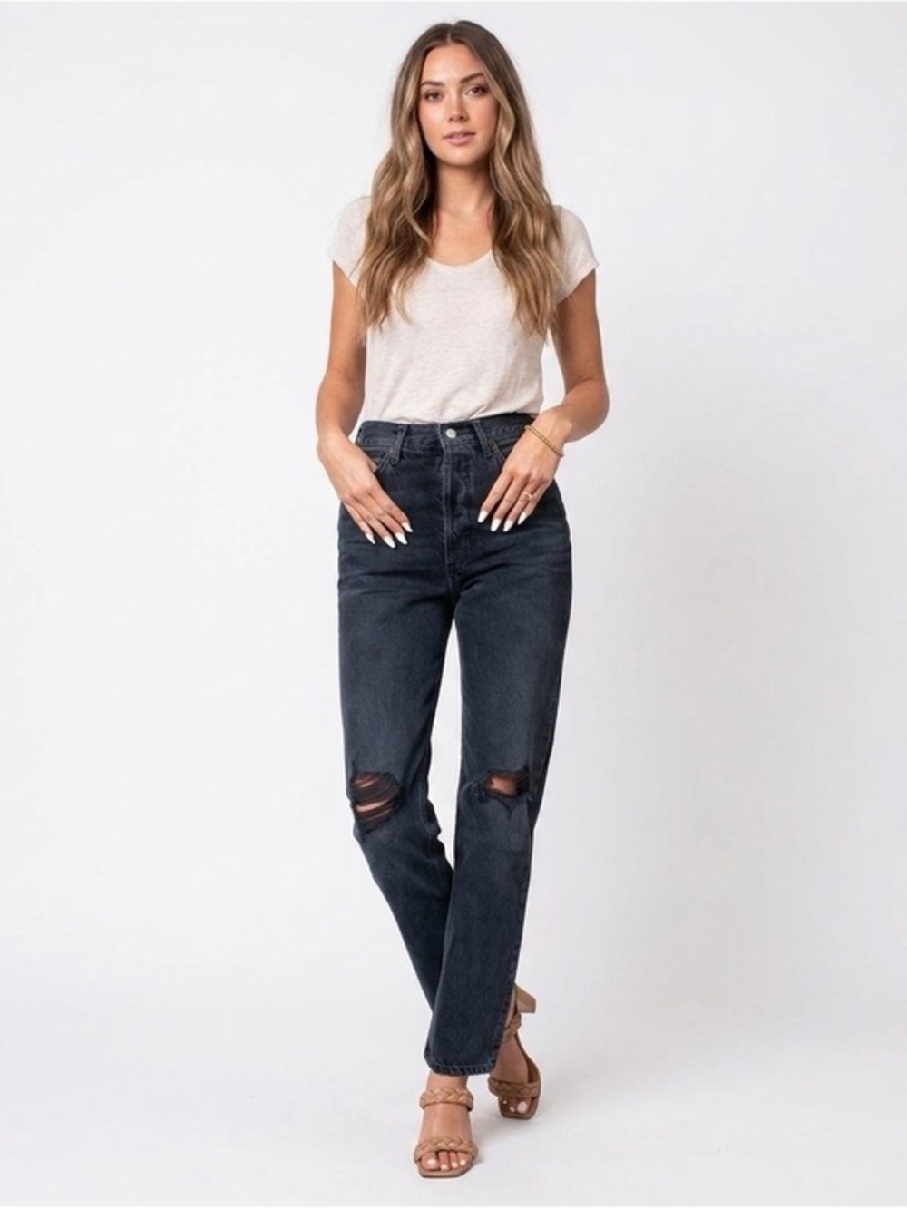 Agolde 90s Pinch Waist Button Fly Distressed Washed Black Denim Jeans Size 23